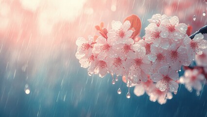 Blooming tree branches with raindrops close-up with copy space for spring designs