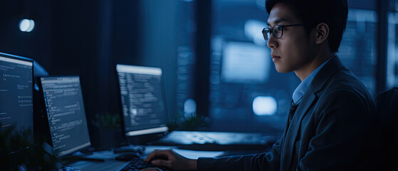 Young programmer working late at night on multiple computer monitors in a dimly lit office