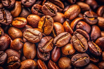 Fototapeta premium Aerial macro view: rich, roasted coffee beans, close-up detail showcasing their texture and depth.