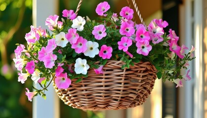 Woven basket with hanging flowers for decorative garden design and outdoor aesthetic with copy space