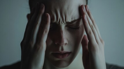 Withdrawal symptoms cause headaches. A person pressing their temples, eyes closed