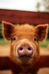 Fototapeta premium Close-up of a cute piglet looking at the camera behind a fence, outdoors