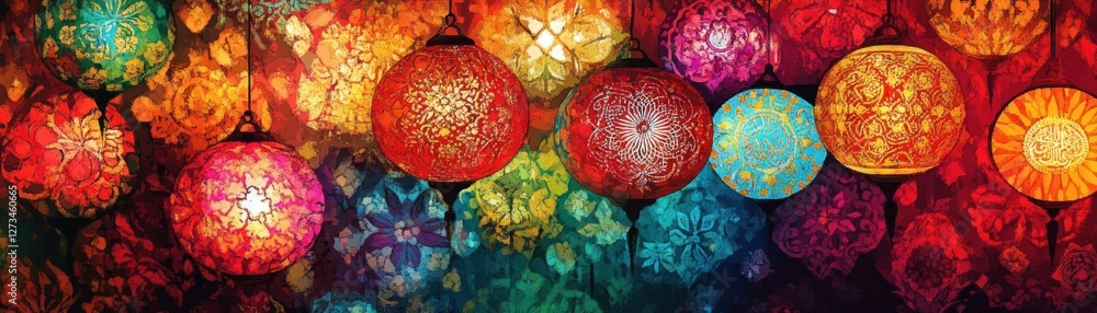 Poster colorful hanging lanterns displaying intricate designs