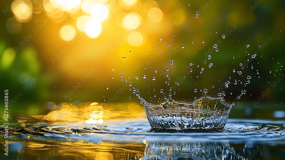 Poster water drop splashes on surface in nature with bokeh background. use for beauty product