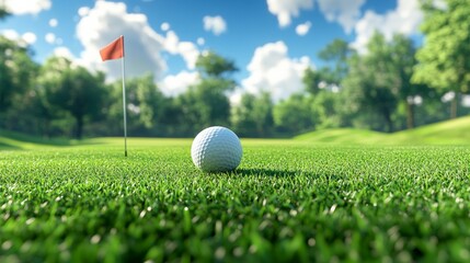 golf ball rolling toward hole on perfectly cut green lawn