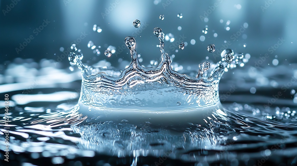 Aufkleber Water drop splashing, creating crown shape in pool against a blurred blue background for use