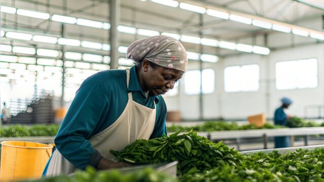 Indian Factory Worker in Tea Processing Industry Portrait &ndash; A worker sorting and packaging tea leaves in a tea factory.
