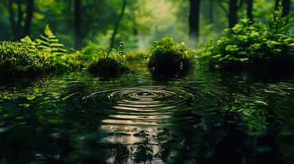 Fototapeta premium Water droplet creates ripples in lake in forest with sunlight and green foliage