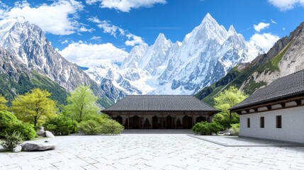 Serene mountain landscape with traditional architecture and greenery.