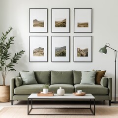 Modern Living Room Interior with Green Sofa and Landscape Prints
