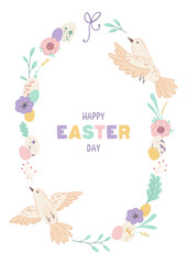 Easter poster with cute birds and spring flowers on white background. Holiday design for covers, posters, banners, greeting cards with lettering Happy Easter day. Vector illustration