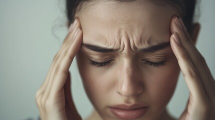 Obraz premium Withdrawal symptoms cause headaches. A person rubbing their temples, eyes squinting