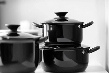 A pair of pots sitting on a kitchen counter, ready for use