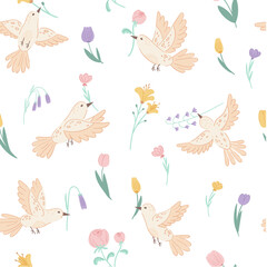 Cute spring seamless pattern with bird and flowers on white background. Decorative pattern for banner, wallpaper, packaging, textiles design. Vector illustration