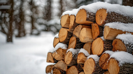 Stack of firewood resting beside a snow-covered cabin in a winter landscape