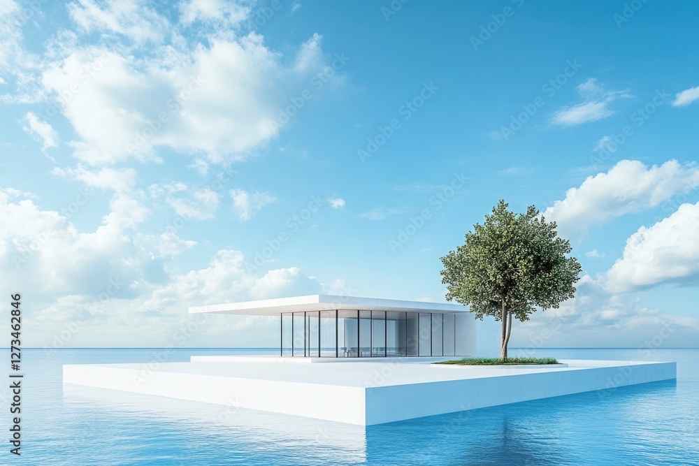 Poster a serene scene featuring a floating house surrounded by calm waters and a majestic tree in the cente