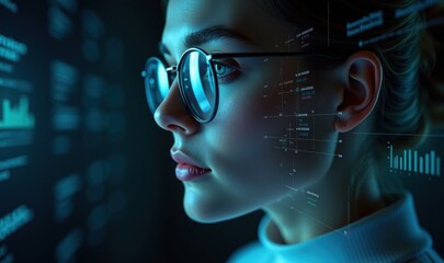 A focused woman in glasses analyzing digital data, embodying innovation and technology in data science and analytics. Perfect for tech-related projects.