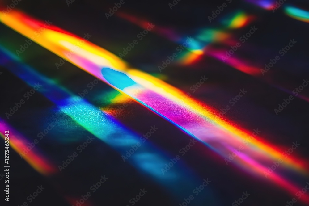 Poster ethereal prismatic light show: abstract diffraction patterns on a deep black canvas. vibrant hues an