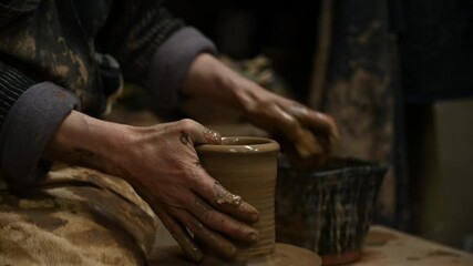 Close-up of hands sculpting clay dishes, a jug. Pottery craft, A master potter working in a workshop