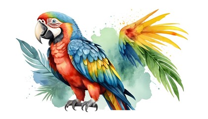 Obraz premium Vibrant Macaw Parrot with Tropical Leaves Watercolor Painting