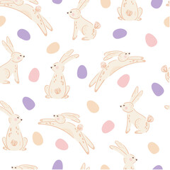Easter seamless pattern with cute bunnies, eggs on white background. Spring pattern for banner, wallpaper, packaging, textiles design. Vector illustration