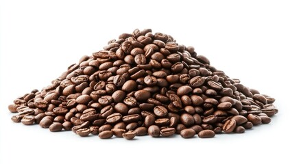 Coffee beans piled high on white background