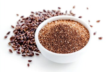 A white bowl filled with brown flax seeds, great for healthy recipes and wellness