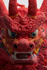 Close-up knitted red dragon head, with detailed textures, suitable for arts promotion