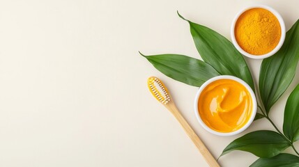 Herbal Oral Care Products with Turmeric on Creamy Background