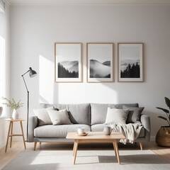 Fototapeta premium Minimalist Living Room Interior with Mountain Prints