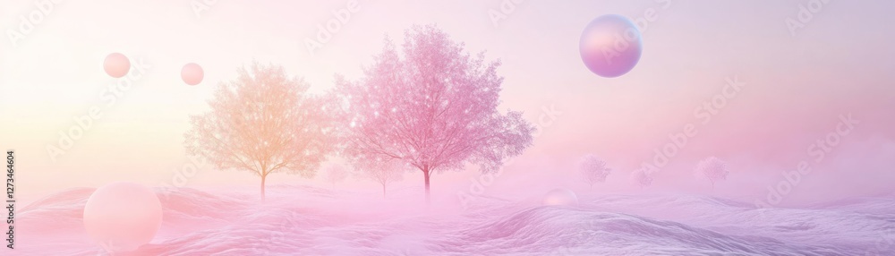 Poster surreal landscape features trees and floating spheres in soft light