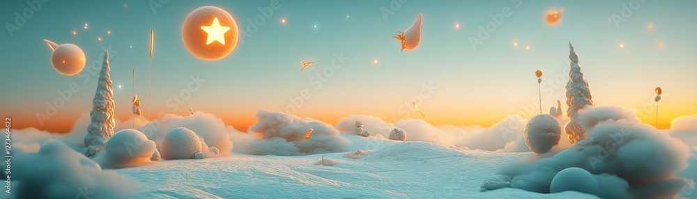 Poster dreamlike celestial landscape with floating spheres and snowy terrain