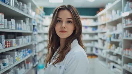 A beautiful female pharmacist in a white coat stands in front of medicine shelves in a pharmacy.