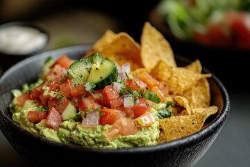A bowl of creamy guacamole served with crunchy tortilla chips, perfect for snacking or as part of a meal