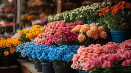 A beautifully arranged selection of bright, multicolored flowers of various species displayed on store shelves.