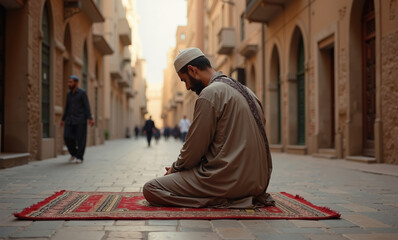 Muslim man prayer ritual by individual on red carpet in historic alleyway during serene early morning hours