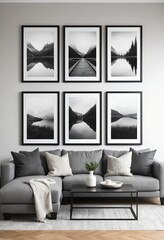 Six Black and White Landscape Prints Above Grey Sectional Sofa