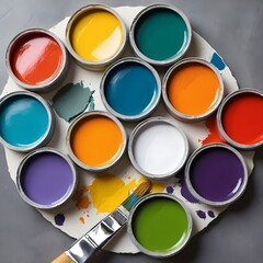 Fototapeta premium Colorful Paint Cans and Brush on Palette