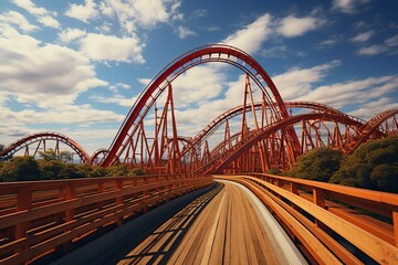 Naklejka premium Cool and bright roller coaster in an amusement park.