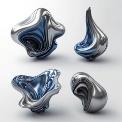 Abstract Metallic Sculptures, Blue and Silver Liquid Metal Forms