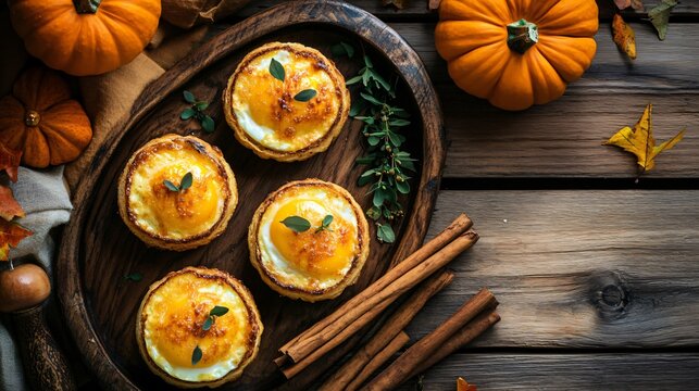 A cozy autumn breakfast scene with cheesy baked egg cups, cinnamon sticks, and pumpkin decorations on a rustic wooden tray