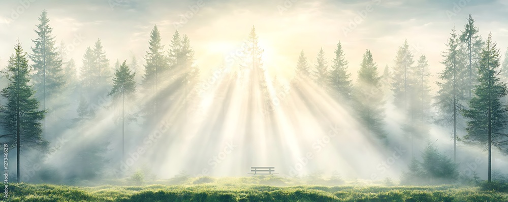 Poster sun rays break through the misty forest illuminating a bench