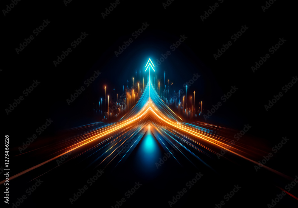 Poster shenzhen, china - unknown date : futuristic blue arrow points upwards, amidst dynamic orange and blu