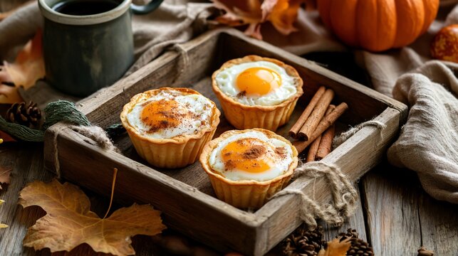 A cozy autumn breakfast scene with cheesy baked egg cups, cinnamon sticks, and pumpkin decorations on a rustic wooden tray