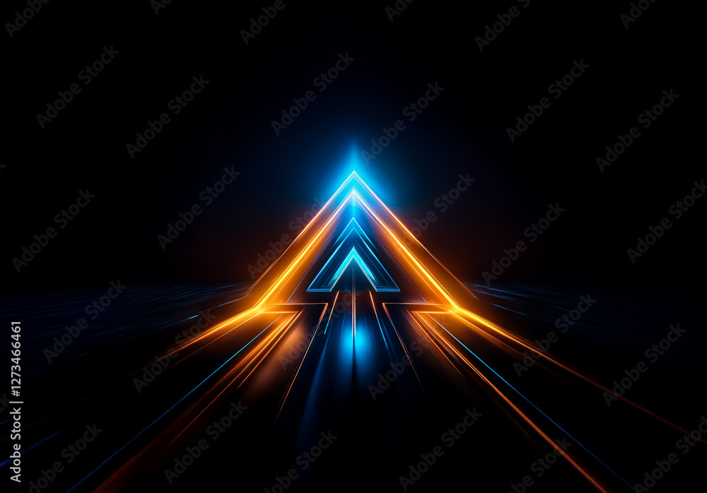 Poster Shenzhen, China - Unknown Date : Abstract digital image with a glowing triangle shape outlined in neon blue and orange, creating a futuristic and dynamic perspective on a dark background.