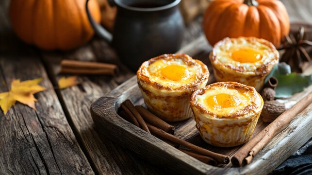 A cozy autumn breakfast scene with cheesy baked egg cups, cinnamon sticks, and pumpkin decorations on a rustic wooden tray