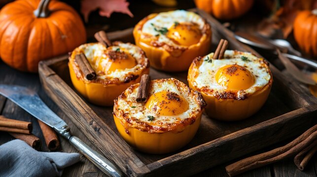 A cozy autumn breakfast scene with cheesy baked egg cups, cinnamon sticks, and pumpkin decorations on a rustic wooden tray