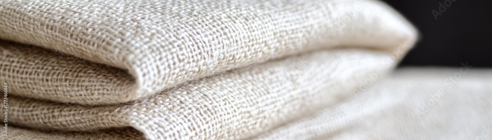 Poster stack of neatly folded light beige textured linen fabric