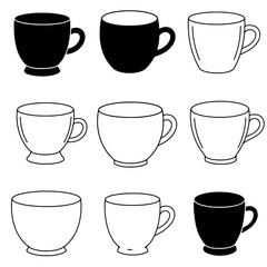 Artisanal Coffee Collection: A captivating collection of stylized, minimal coffee cups or tea cups in black and white, offering a versatile design that will enhance any project.