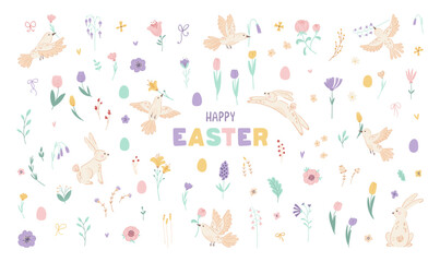 Adorable clip art for traditional Easter holiday. Cute set Easter graphic elements isolated on white background. Colorful collection with rabbits, birds, eggs and spring flowers. Vector illustration